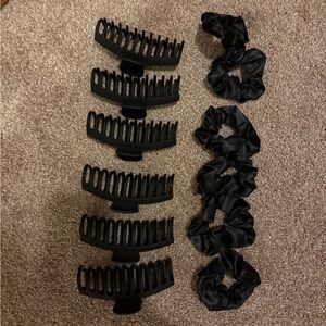 6 Black Hair Clips and Scrunchies Set